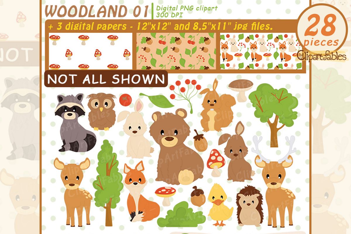 Woodland Clipart, Cute forest animals and DIGITAL papers example image 1