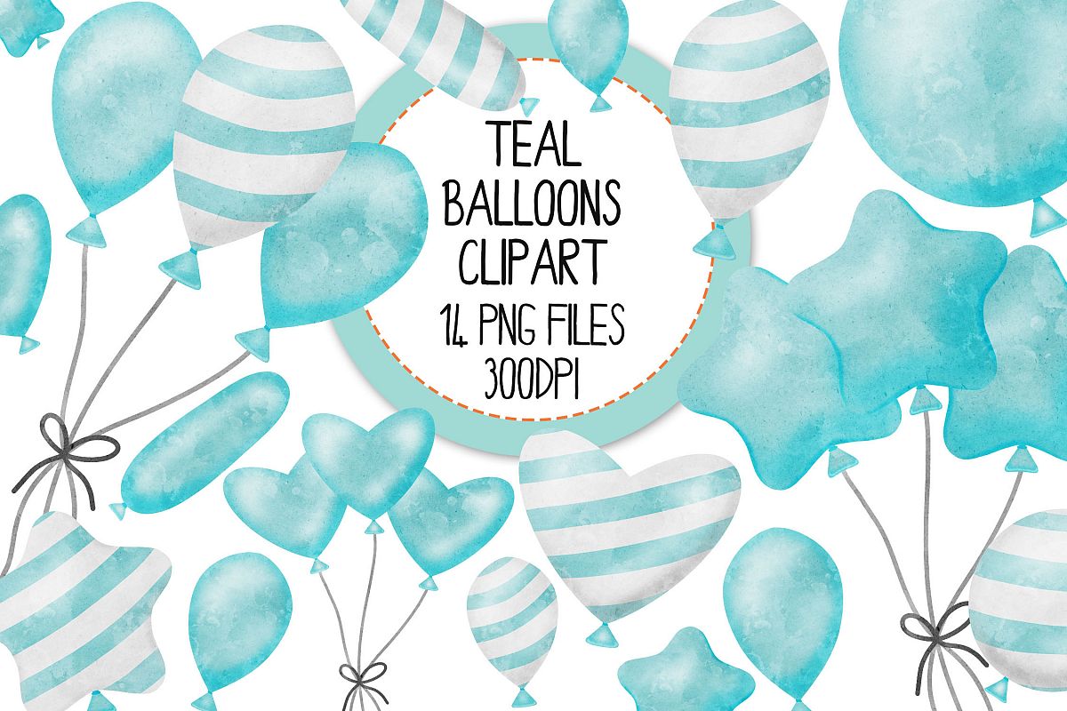 Teal Watercolor Balloon Clipart Set example image 1