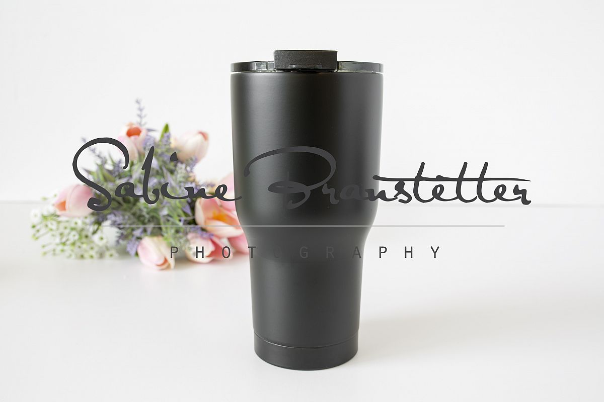 Styled Stock Photography Large Black Coffee Tumbler Mockup example image 1
