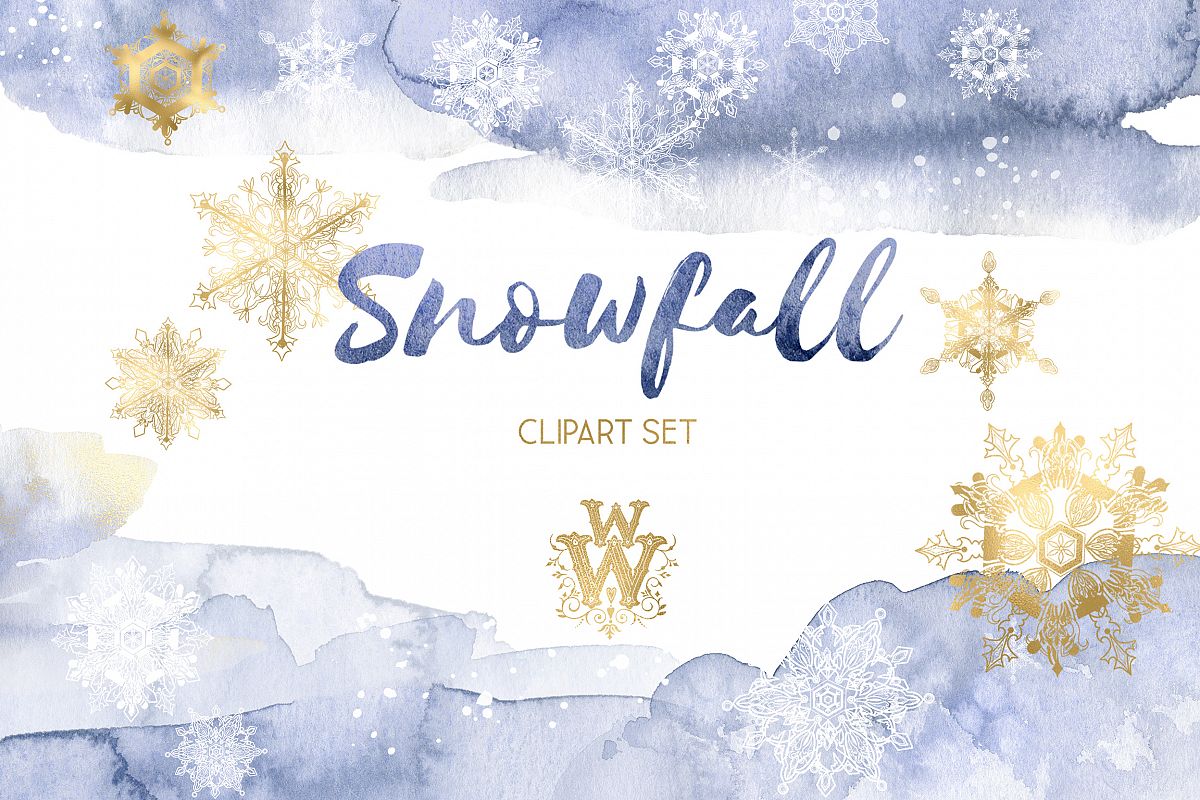 Winter snowflakes clipart set with watercolor splashes example image 1