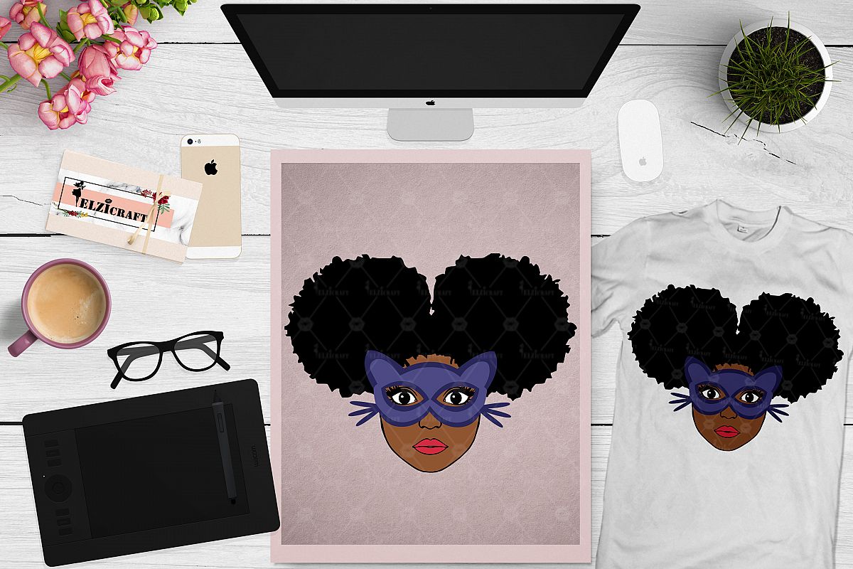 Afro Girl, Afro Puff, Cat Woman, Cat Mask SVG Cut File example image 1