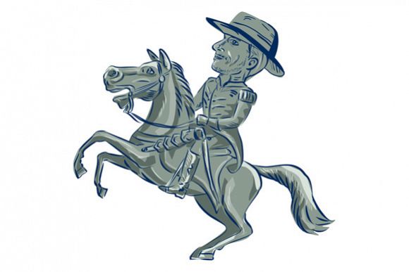 American Cavalry Officer Riding Horse Prancing Cartoon example image 1