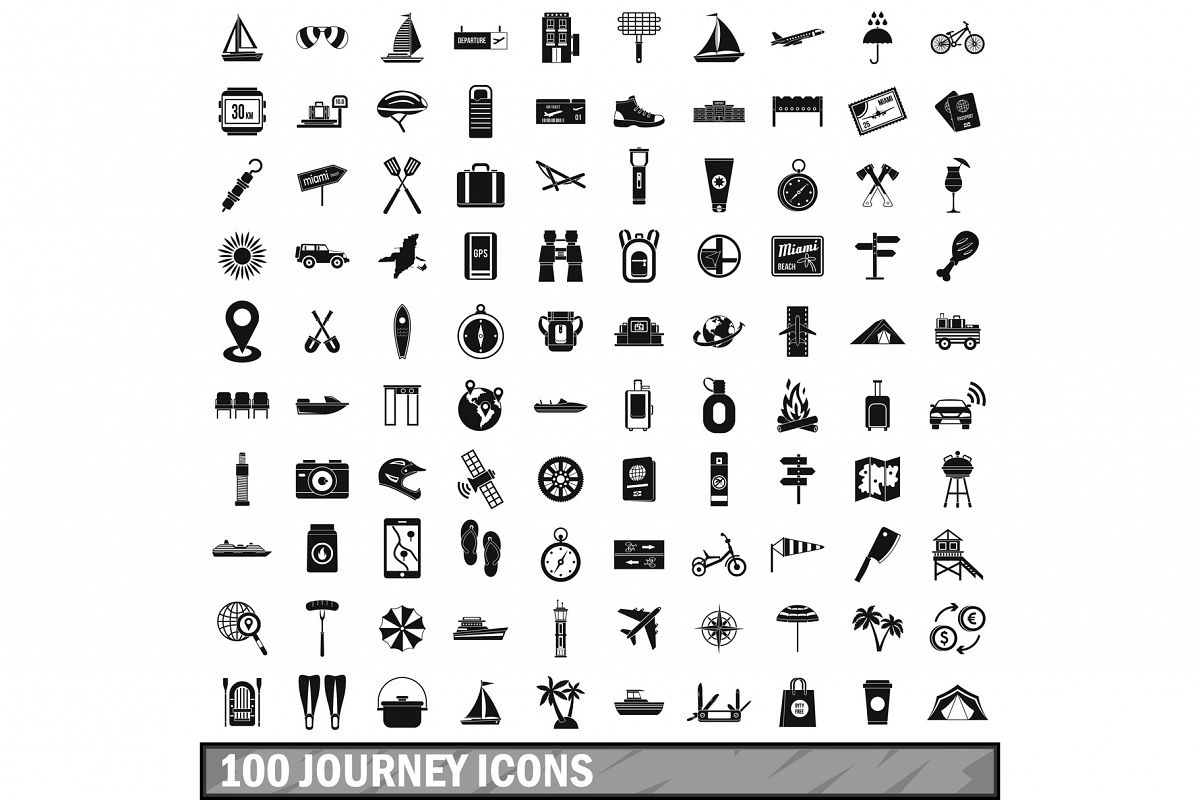 100 journey icons set, simple style example image 1