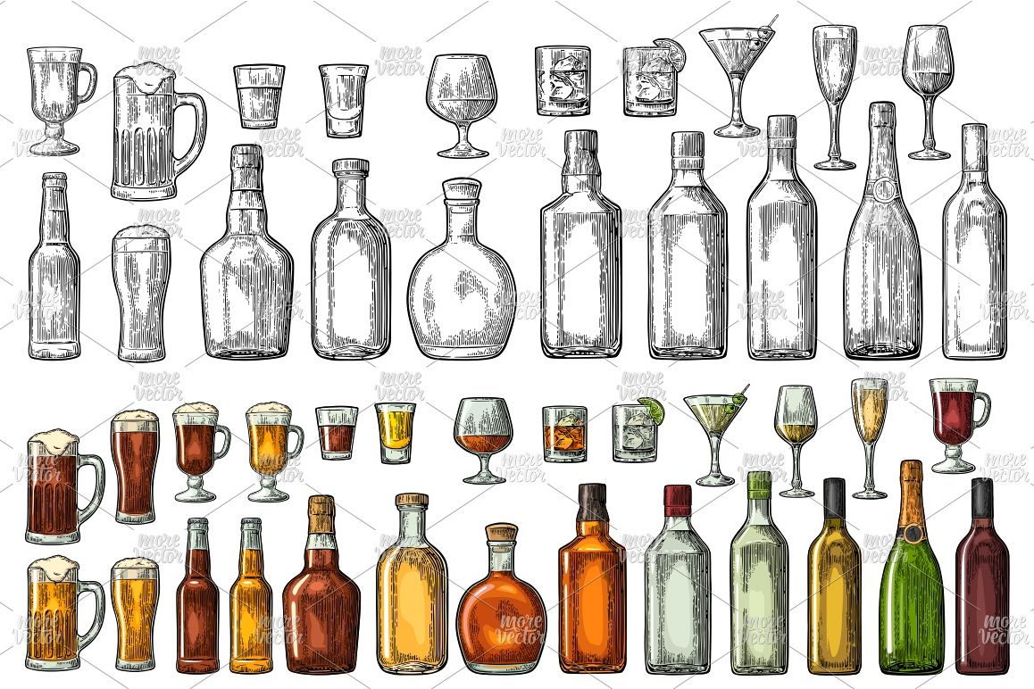 Set glass bottle whiskey wine tequila cognac vodka engraving example image 1