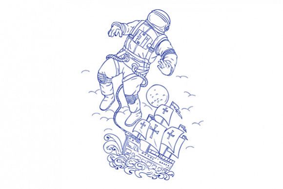 Astronaut Tethered Caravel Ship Drawing example image 1
