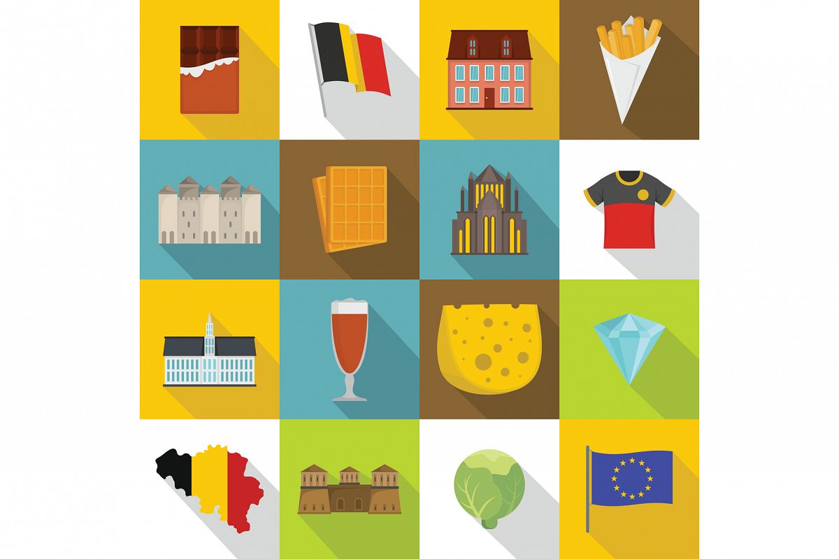 Belgium travel icons set, flat style example image 1