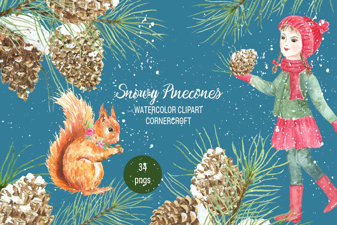 Snowy Pine Cones Watercolor Clipart example image 1