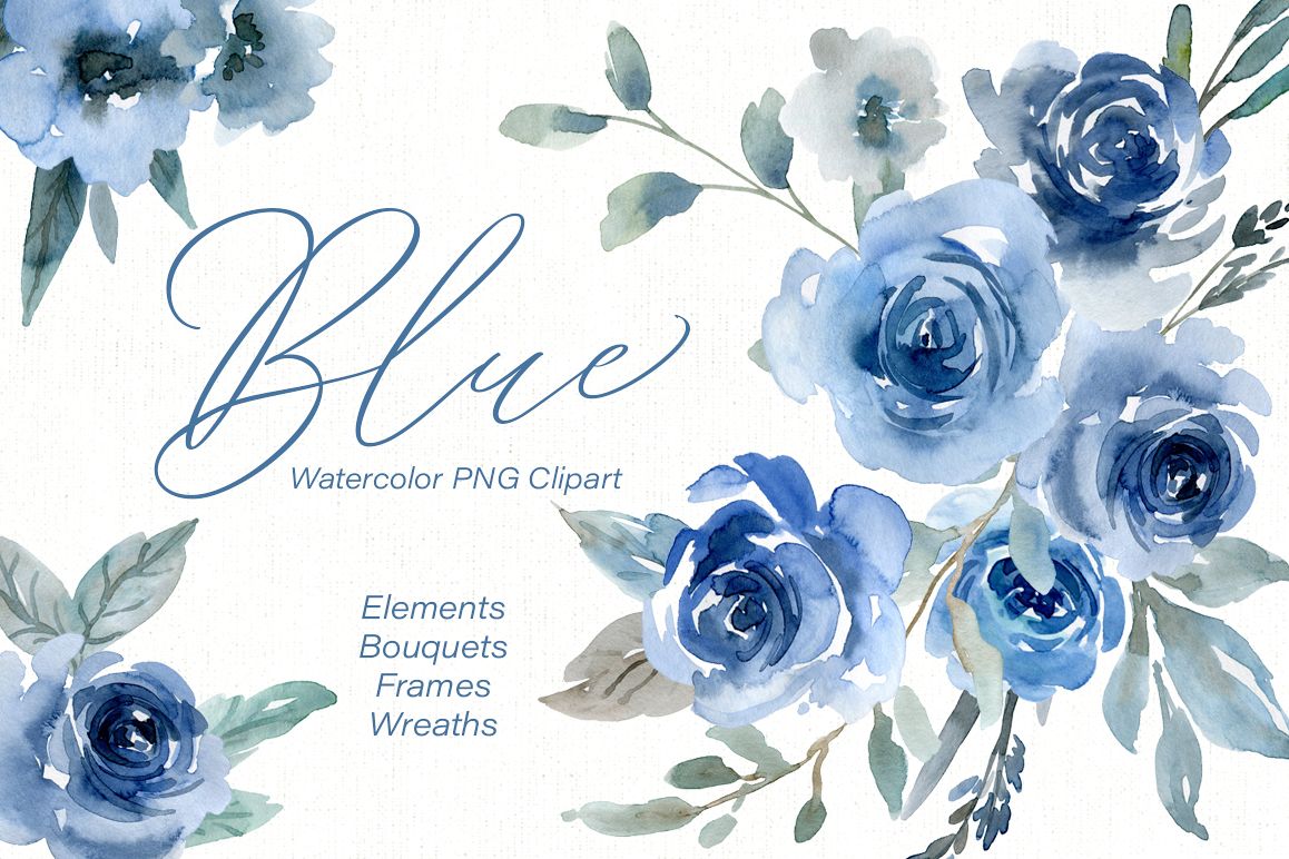Blue Watercolor Flowers Roses, Bouquets, Frames, Wreaths example image 1