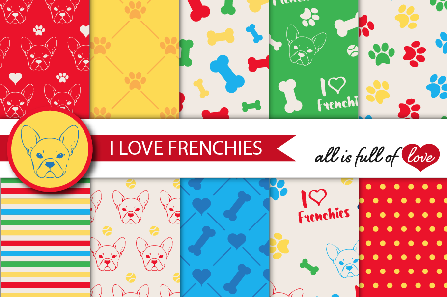 I Love Frenchies Digital Paper French Bulldog Background Patterns Multicolored Graphics example image 1