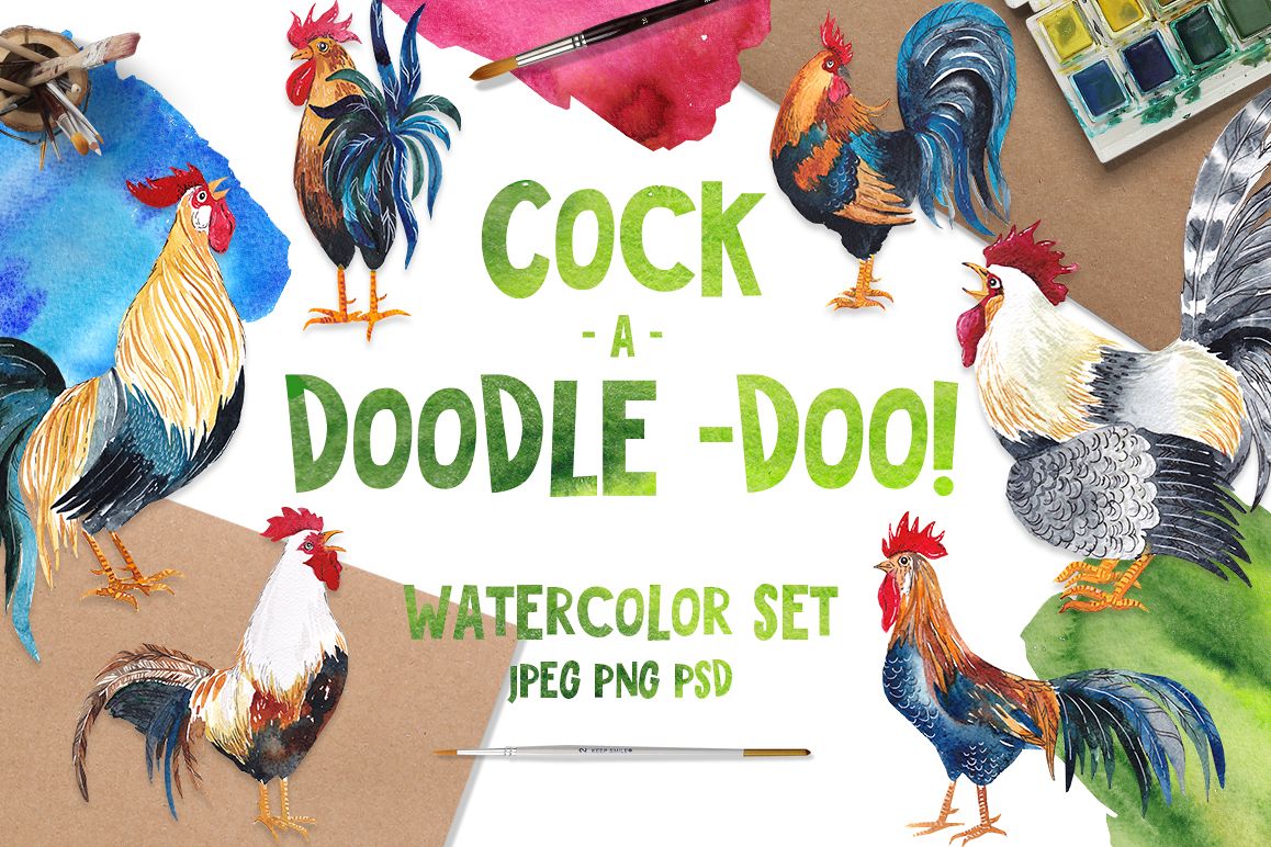 Cock-a-doodle-doo! - watercolor set example image 1
