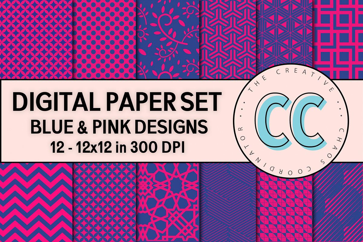 Pink & Blue Patterns - Digital Paper Pack example image 1