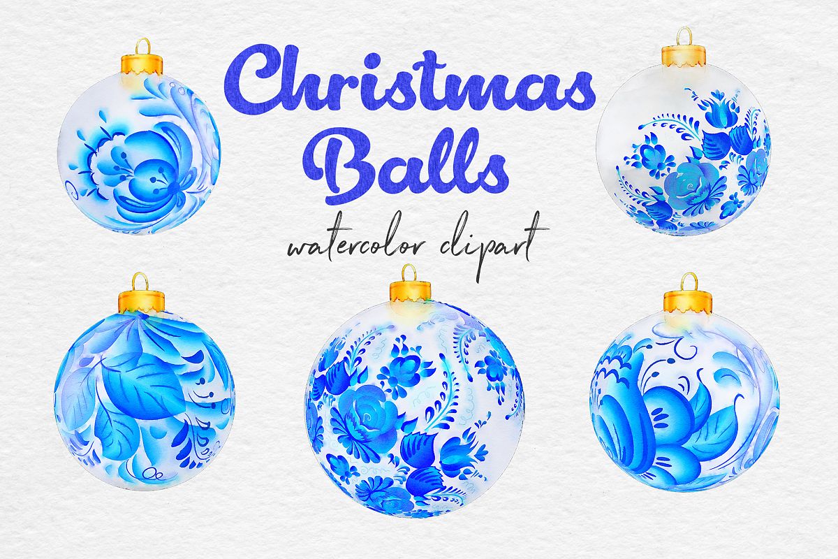 Watercolor Christmas Balls, Blue & White Ornaments example image 1