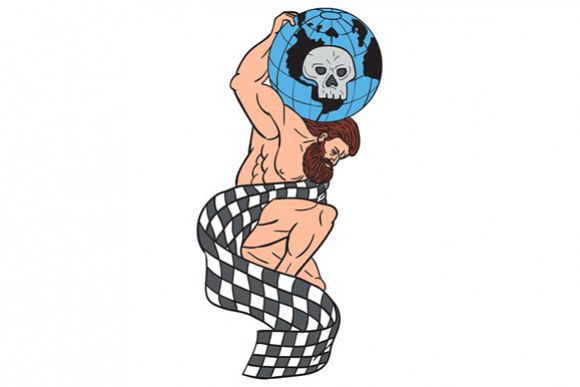 Atlas Lifting Globe Skull Checkered Flag Drawing example image 1