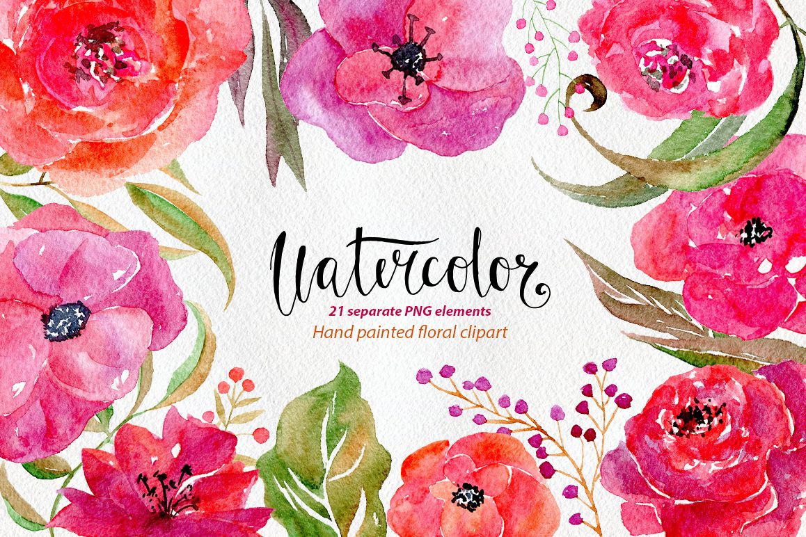 Watercolor flowers, 21 png clipart example image 1