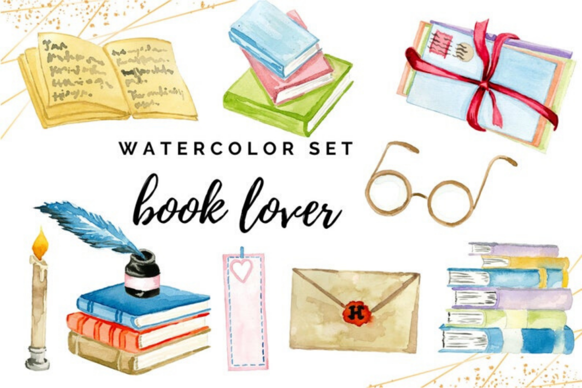 Watercolor Book Clipart, Bibliophile watercolor handpainted example image 1