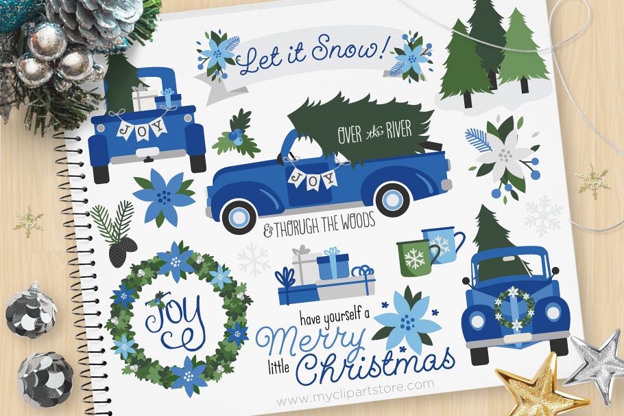 Vintage Navy Christmas Truck Clipart - Vector Clip Art & SVG example image 1