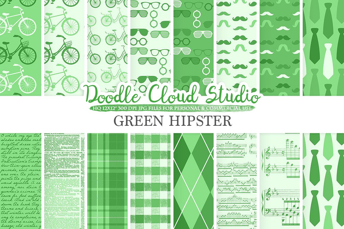 Dark Green Hipster digital paper, Vintage, Father's day tie mustaches bikes music glasses plaid, Instant Download, Personal & Commercial Use example image 1