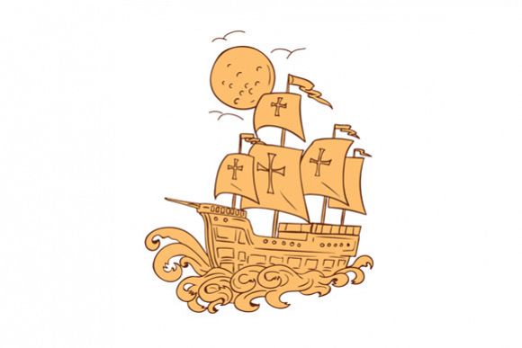 Caravel Sailing Ship Moon Drawing example image 1