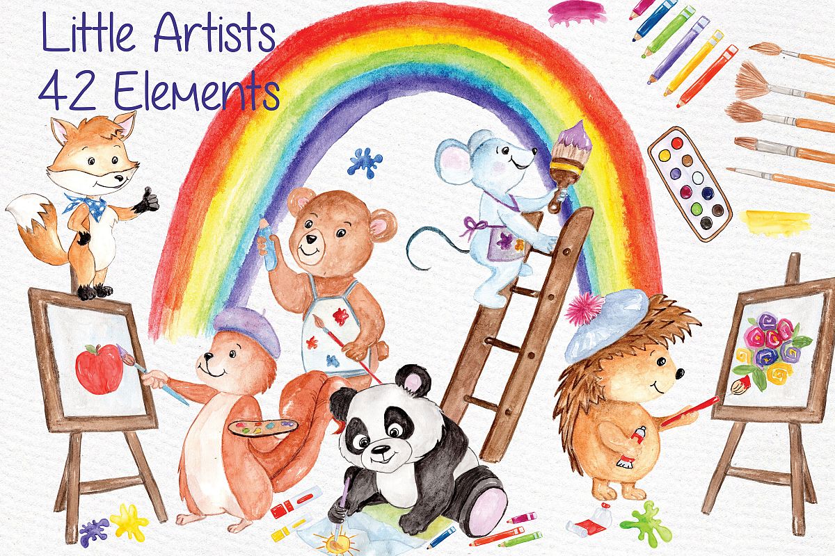 Watercolor animals kids clipart example image 1