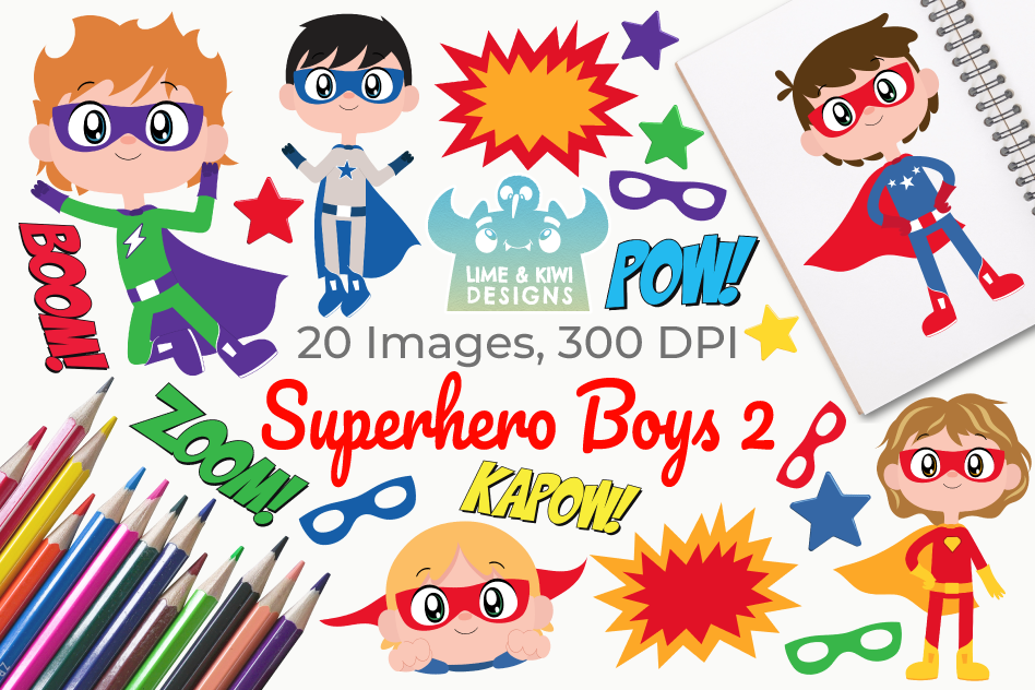 Superhero Boys 2 Clipart, Instant Download Vector Art example image 1
