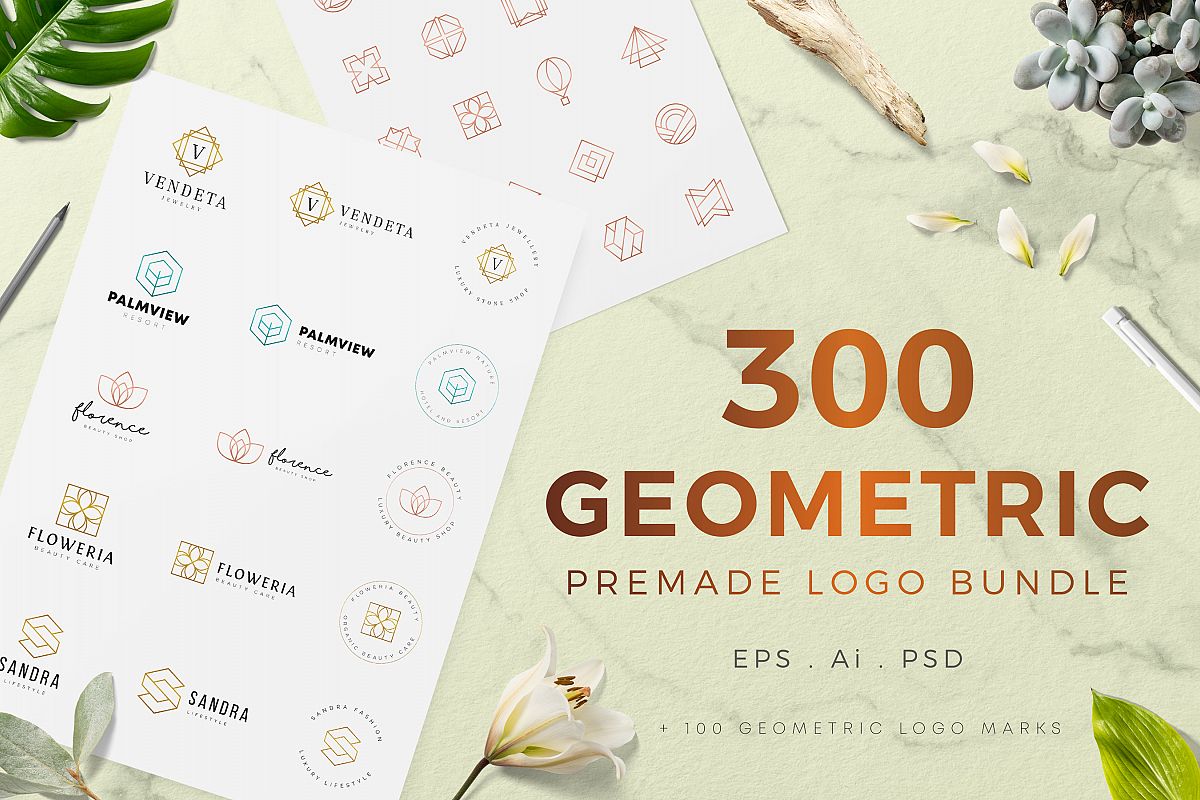 300 Geometric Premade Logo Bundle example image 1