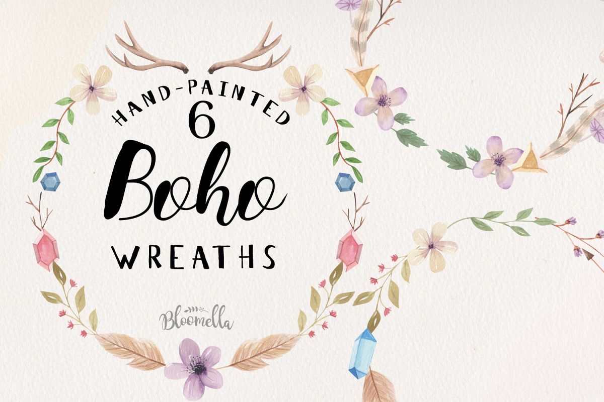 Boho Wreaths Leaves 6 Wreath Watercolor Bohemian Feathers example image 1