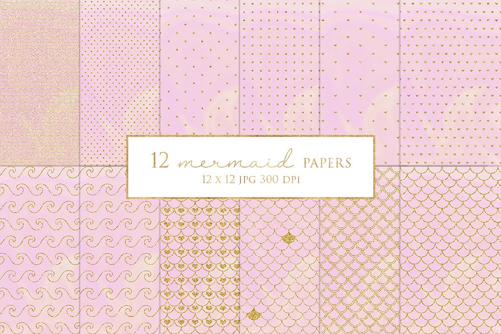 12 Gold Glitter Mermaid Digital Paper Pack example image 1