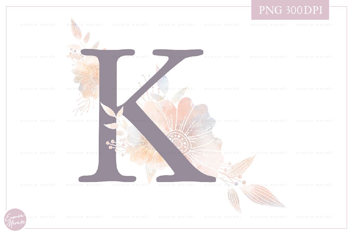 Letter K Floral MONOGRAM - dusty color flower initial example image 1