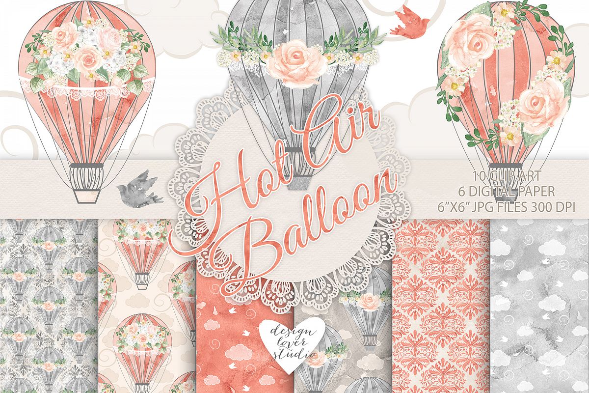 Watercolor Hot Air balloon flowers pack example image 1
