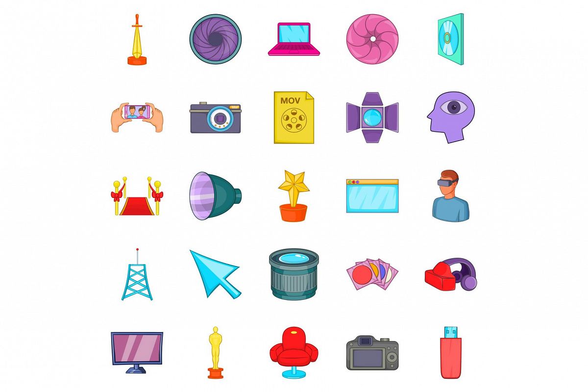 Camera for movies icons set, cartoon style example image 1
