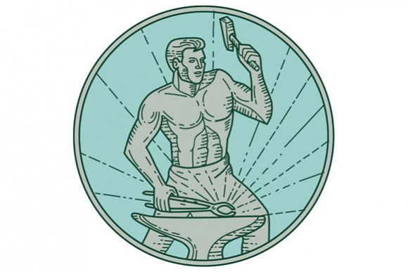 Blacksmith Hammering Anvil Circle Mono Line example image 1
