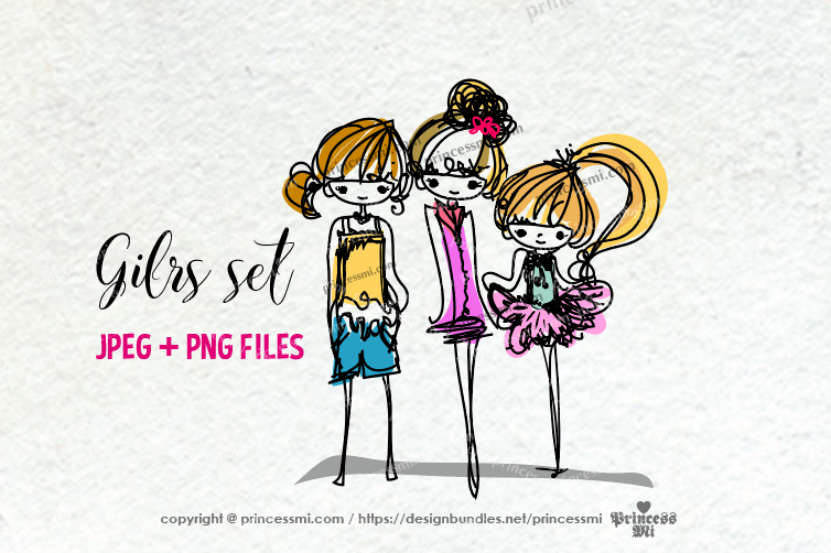 sketch style hand drawn girl clipart set , three girls example image 1