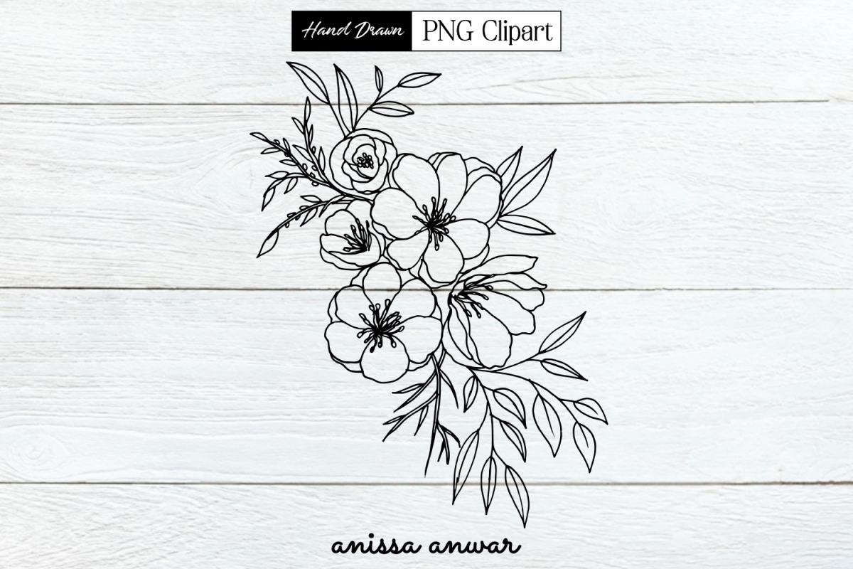 Flowers Bouquet Line Art, Png Clipart, Sublimation Printable example image 1