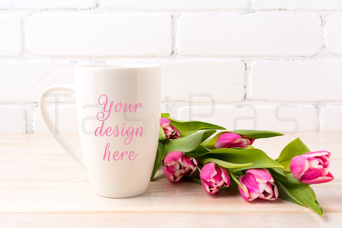 Download White coffee latte mug mockup with bright pink tulips ...