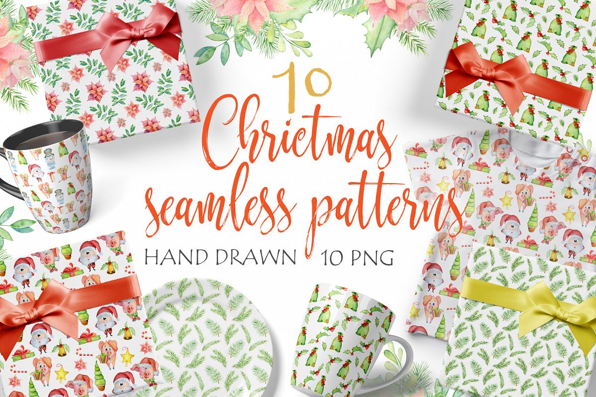 Christmas seamless patterns with pigs example image 1