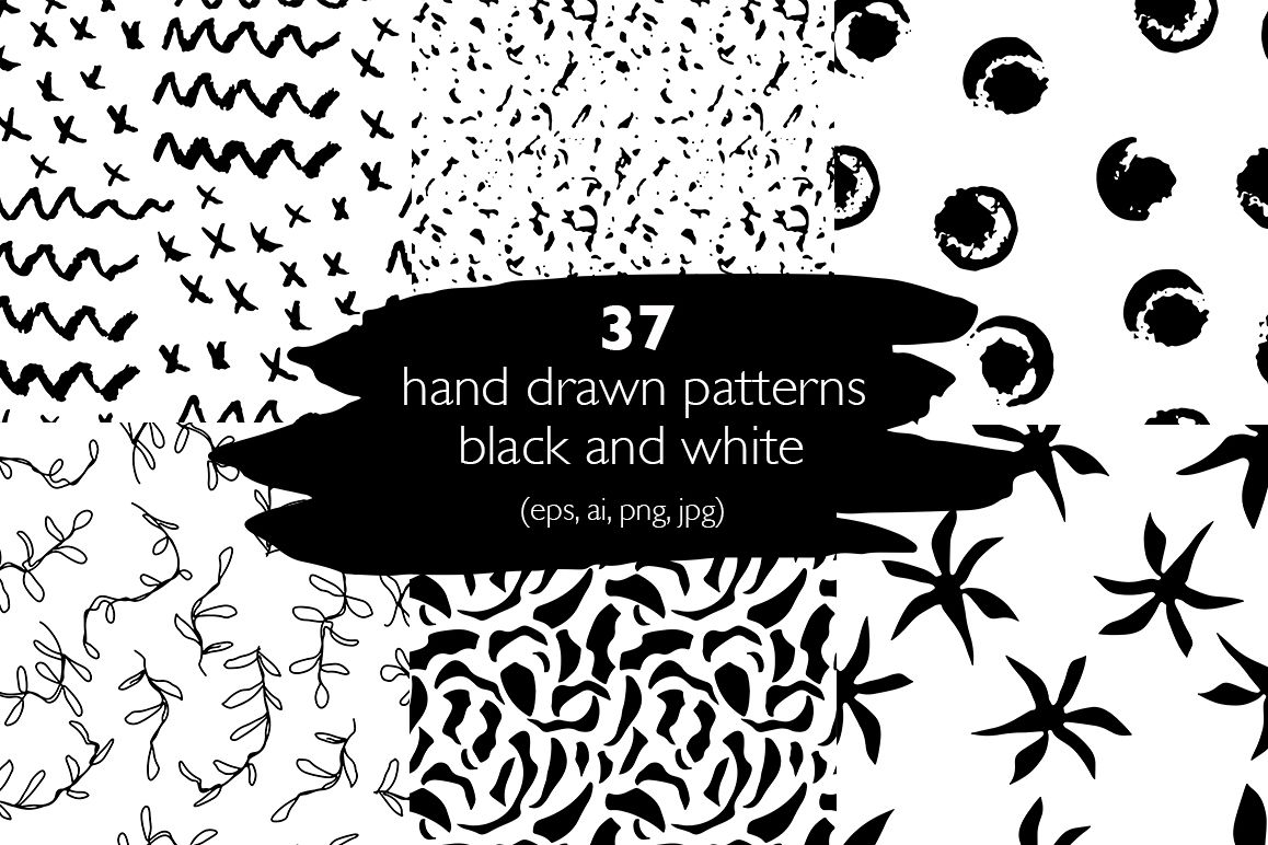 37 monochrome patterns. Hand drawn seamless backgrounds. example image 1