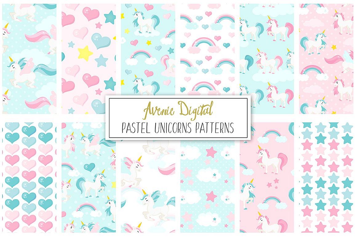 Pastel Unicorns Digital Paper and Vector Patterns example image 1