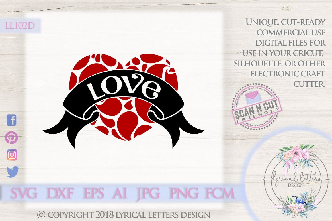 Swirly Heart with Love Valentine's Day SVG DXF LL102D example image 1