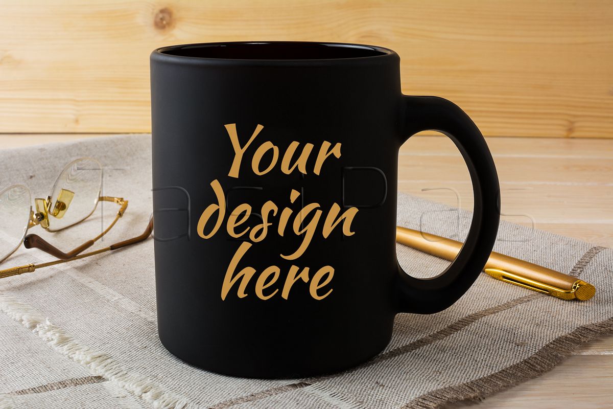 Download Black coffee mug mockup with glasses and pen