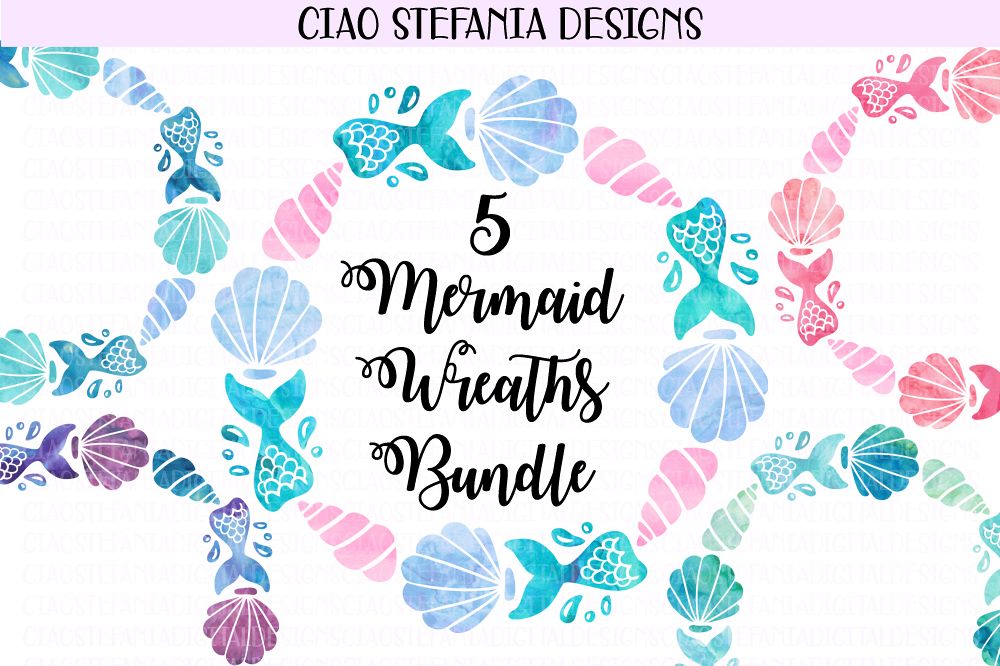 Mermaid Watercolor Wreaths Bundle example image 1