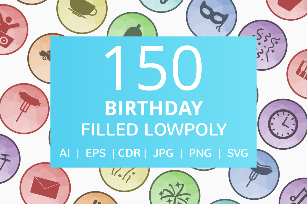 150 Birthday Filled Filled Low Poly Icons example image 1