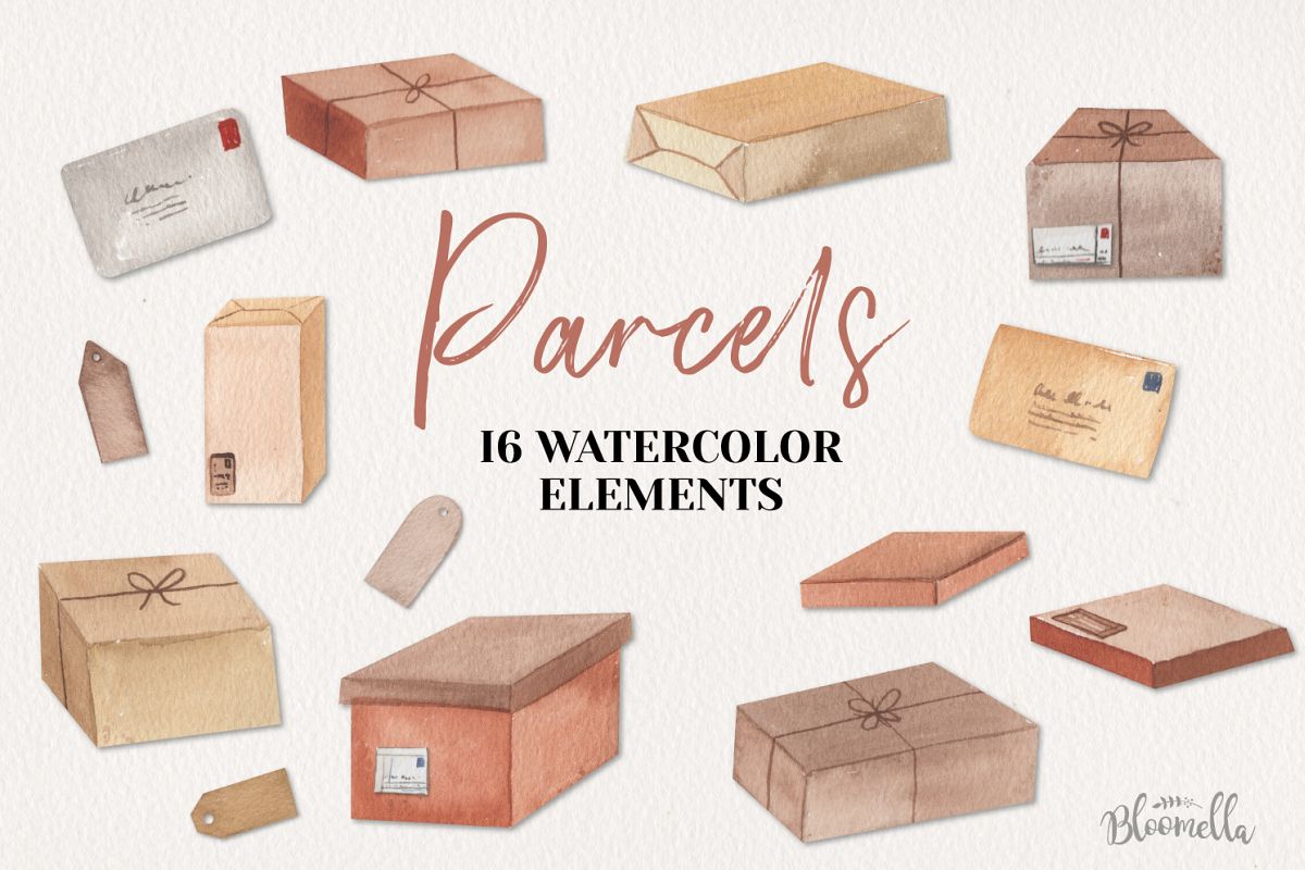 Parcels Watercolor 16 Elements Boxes Postage Letters Labels example image 1