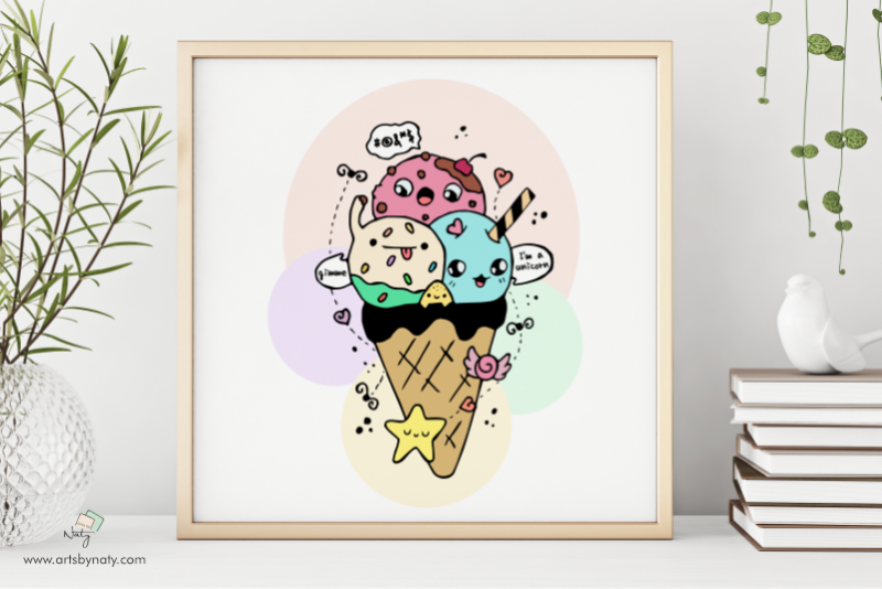 Cute Icecream Kawaii Illustration Printable JPG High-quality example image 1