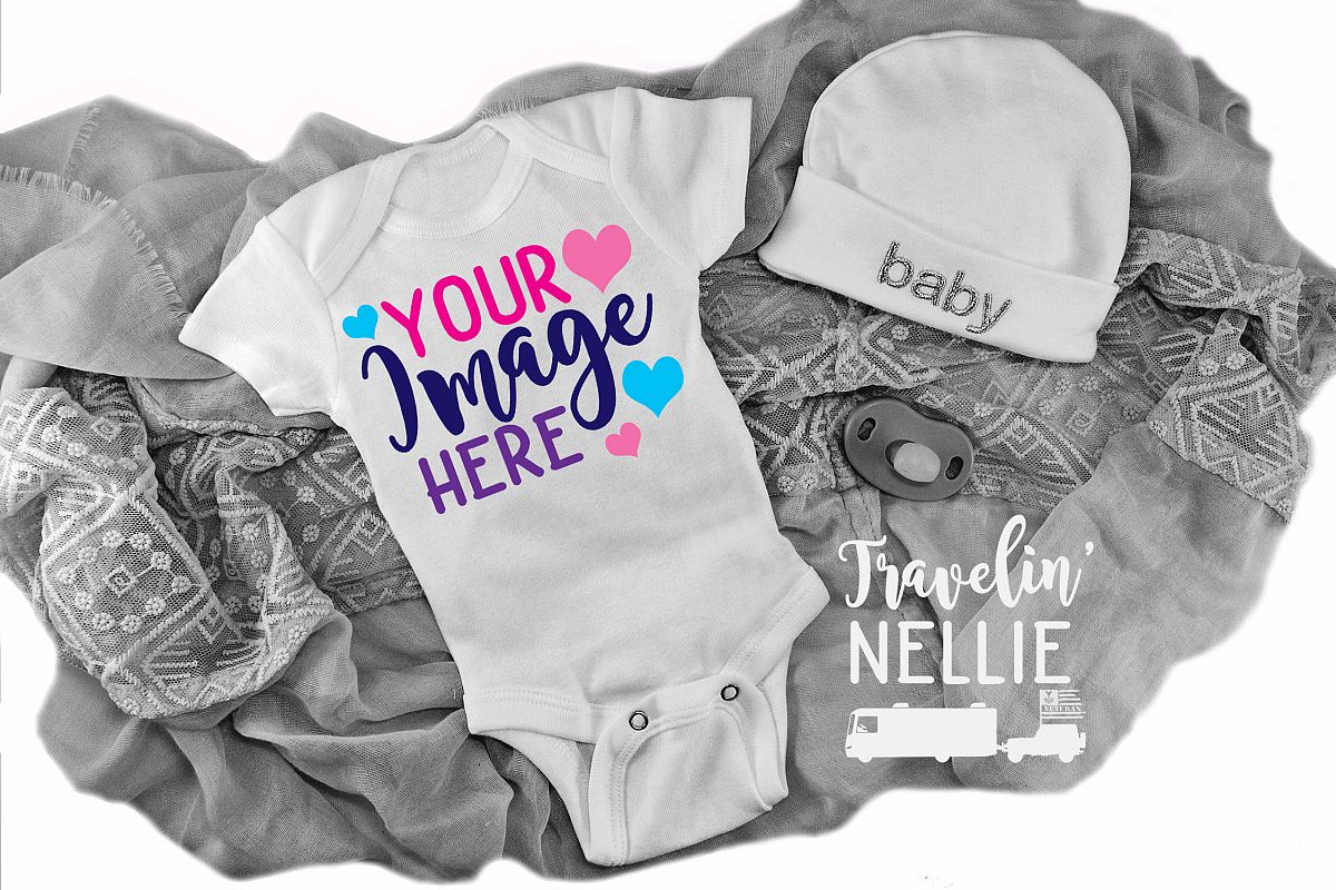White Bodysuit Mockup Flat Lay Baby Infant Black White Theme example image 1