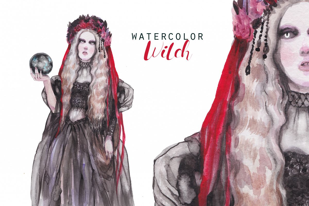 Halloween Witch with veil and glass ball,watercolor portrait example image 1