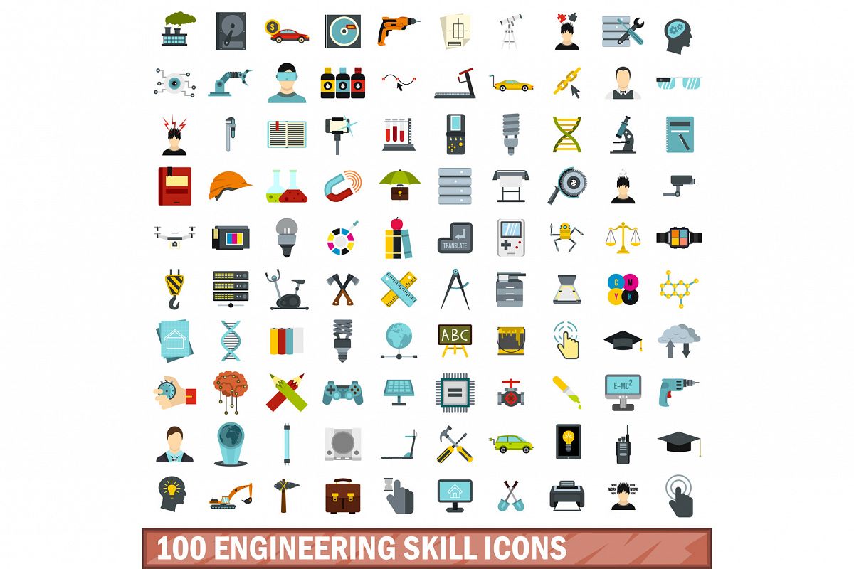 100 engineering skill icons set, flat style example image 1