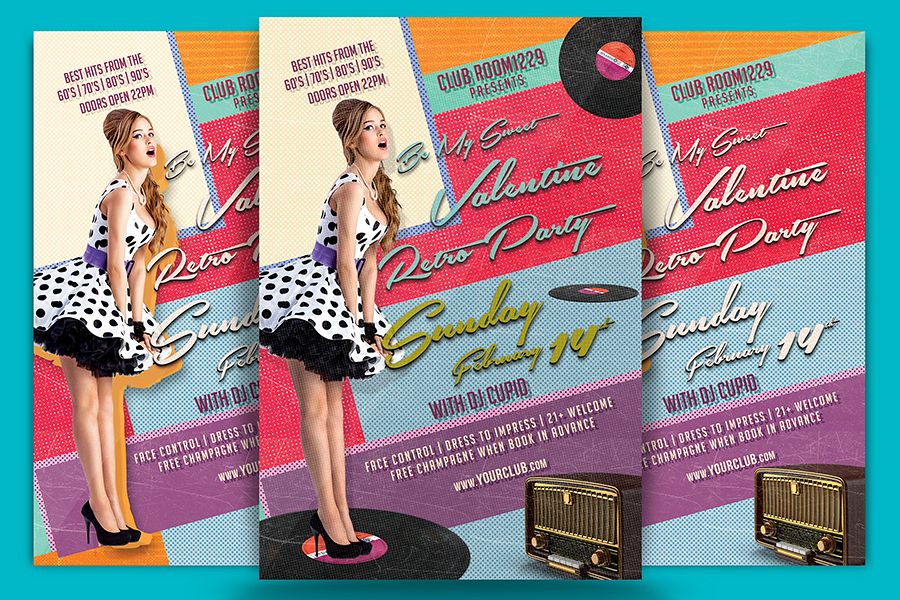 Valentine Day Retro Party Flyer Template example image 1