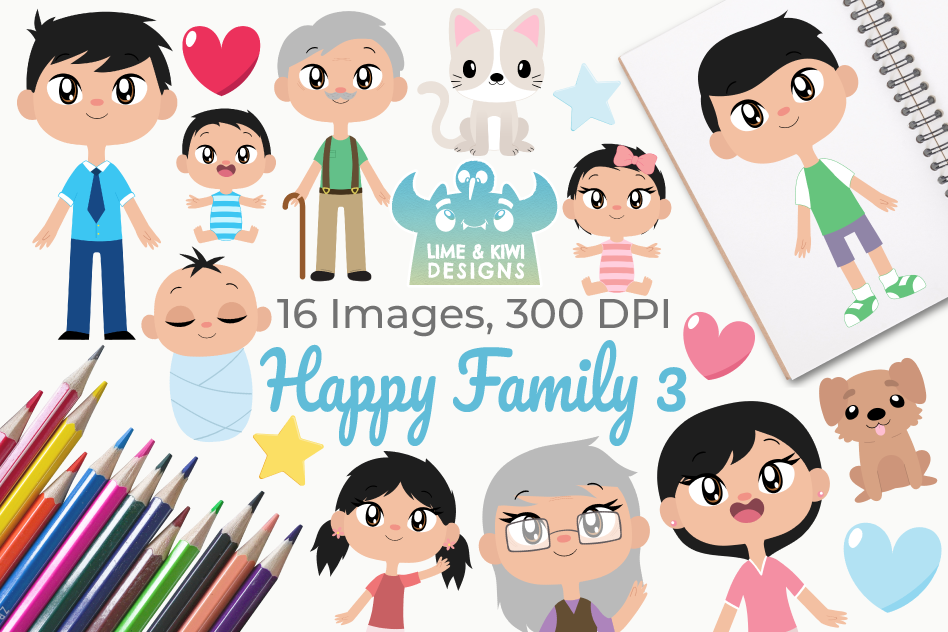 Happy Family 3 Clipart, Instant Download Vector Art example image 1
