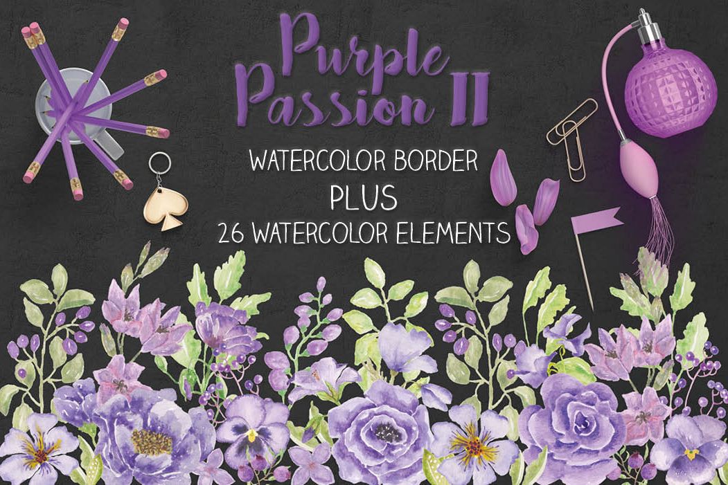 'Purple Passion II': watercolor border plus individual elements example image 1