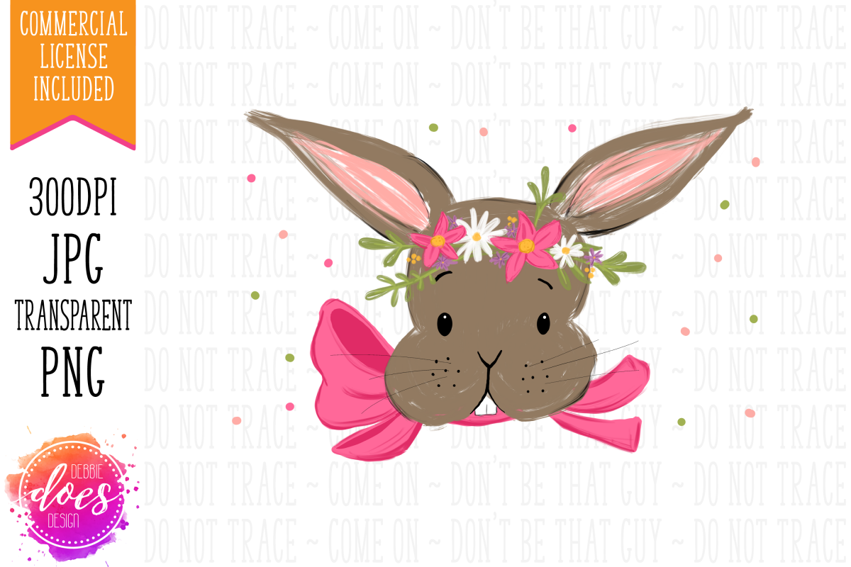 Easter Bunny with Pink Bow and Flowers - Printable Design example image 1